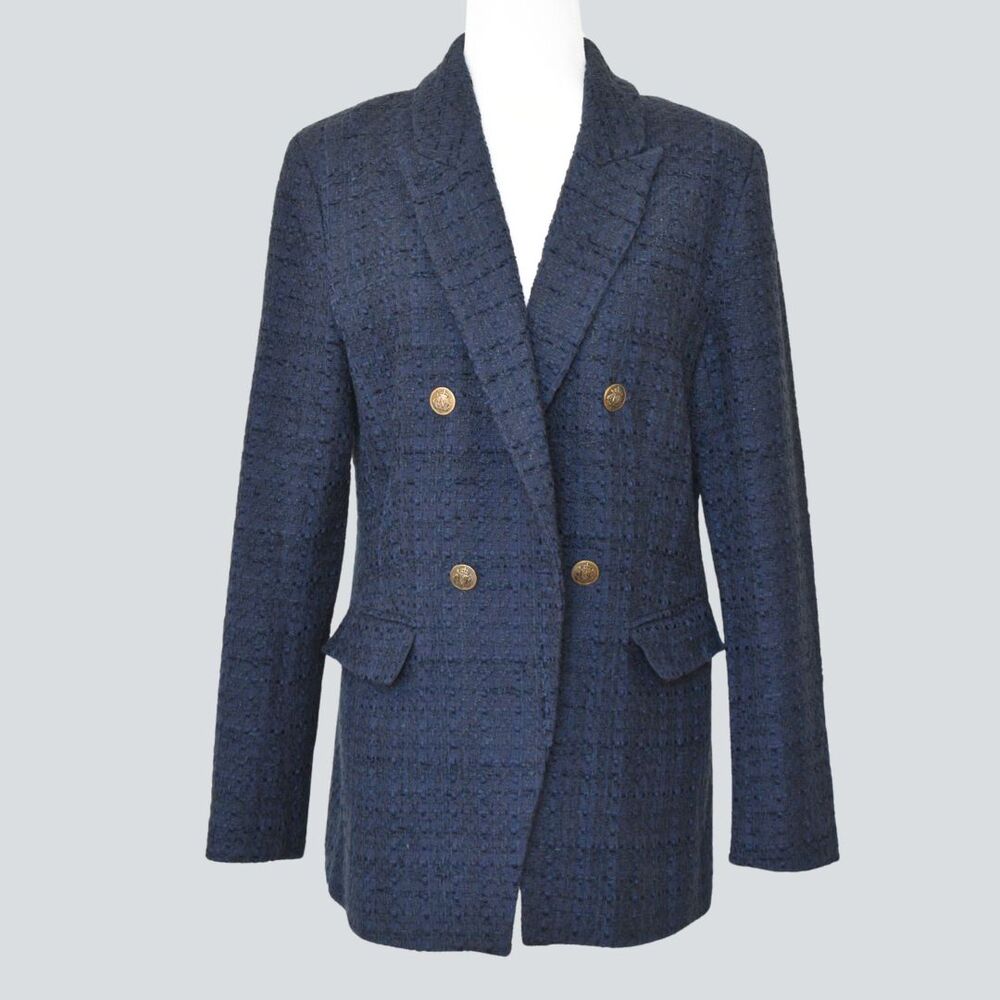 LOFT Navy Tweed/ Boucle Double-Breasted Blazer With Gold-Tone Buttons Size 10 - Picture 2 of 11